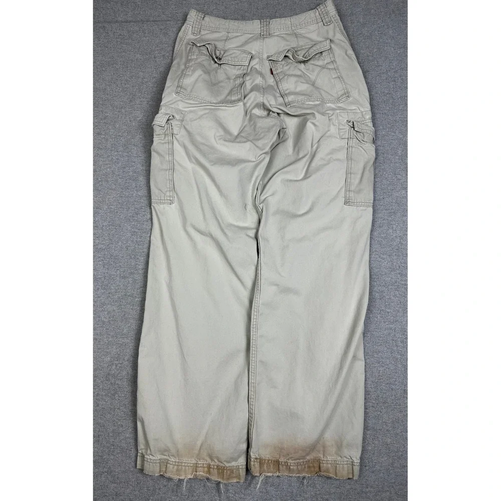 VTG Y2K Levis Wide Leg Loose Cargo Pants 32x33 Tan Distressed Khaki Twill